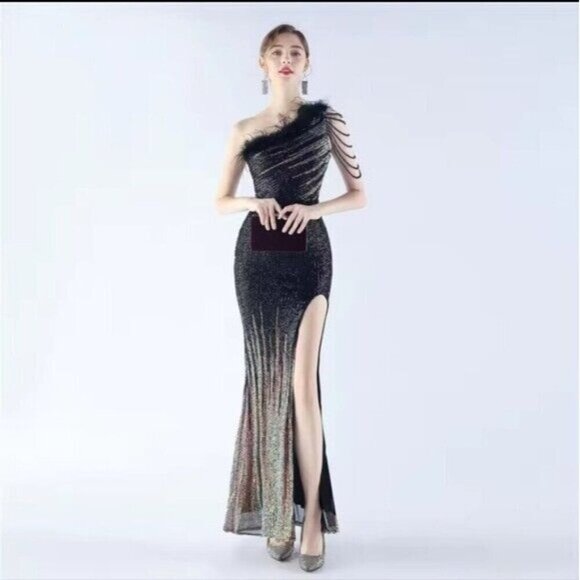 Black, One Shoulder Beaded, Gradient , Feather Neckline, Sequined Mermaid Gown - Picture 10 of 16
